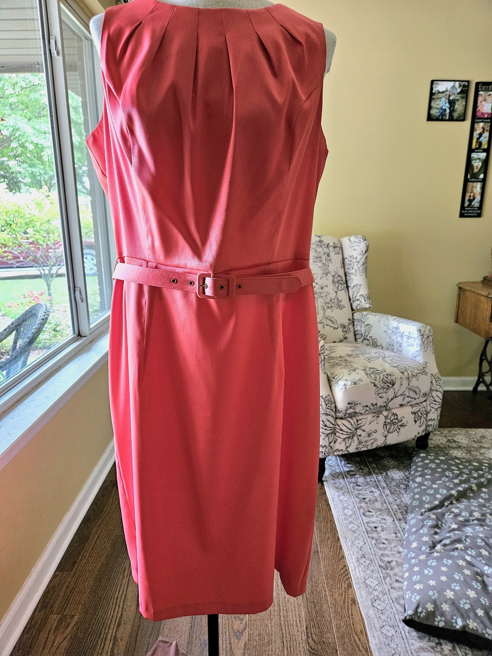 Dressbarn Sleeveless Coral-Pink Pleated Sheath Dress with Belt